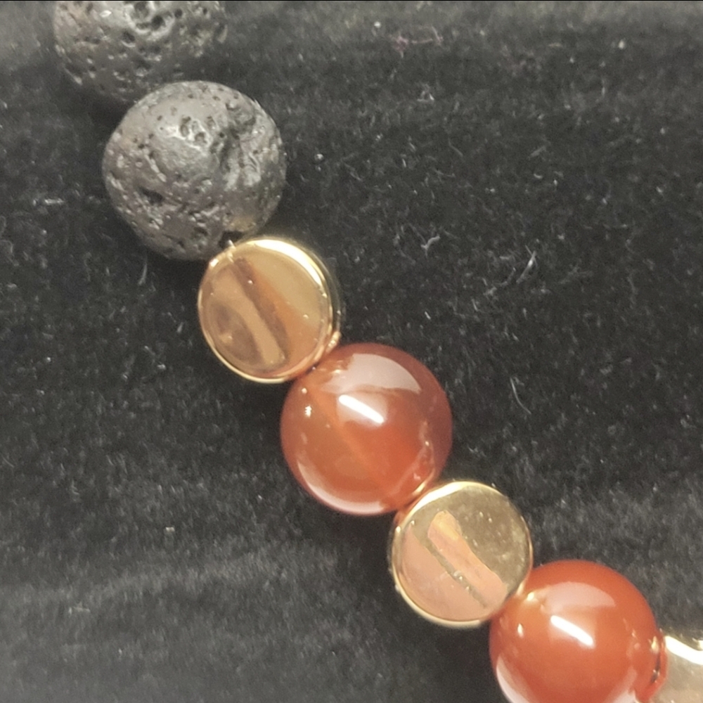 Handcrafted Gold, Black Lava and Red Carnelian Bead Stretch Bracelet - Picture 5 of 8